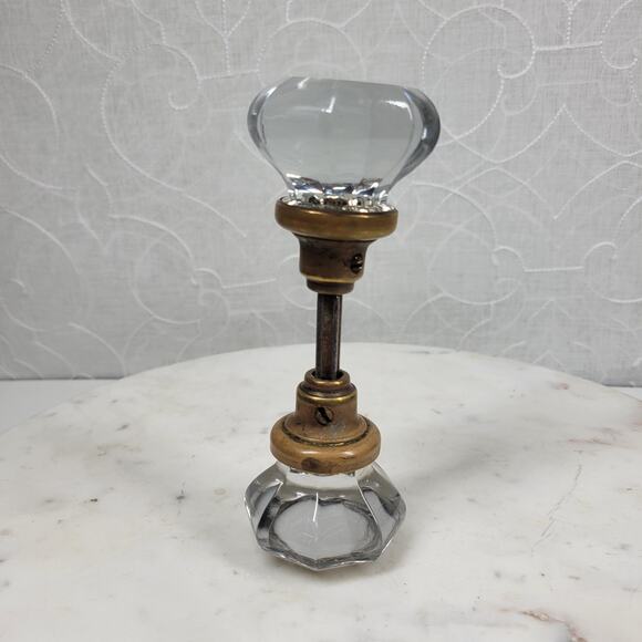 Antique Victorian 8 Point Crystal Door Knob Clear Glass 3 Inch Brass Rod Handle - Picture 4 of 13
